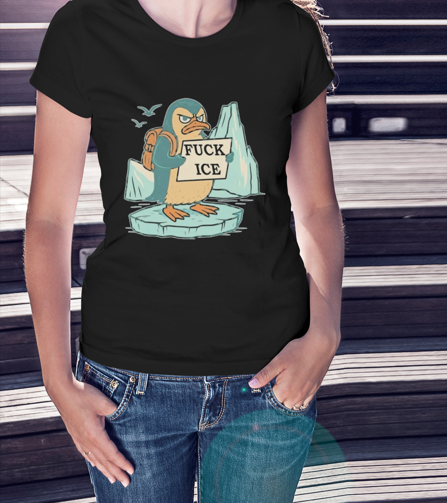 Angry Penguin Holding Sign On Iceberg With Birds In Background T-Shirt