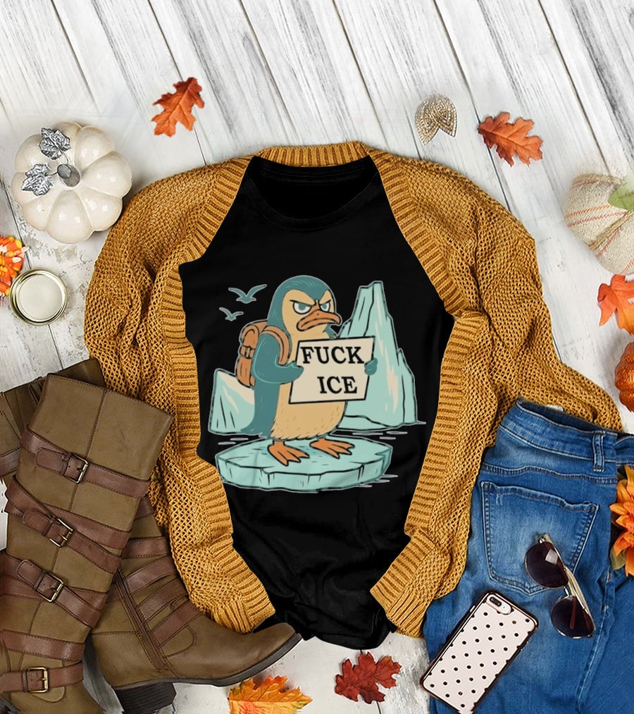 Angry Penguin Holding Sign on Iceberg With Birds in Background T-Shirt