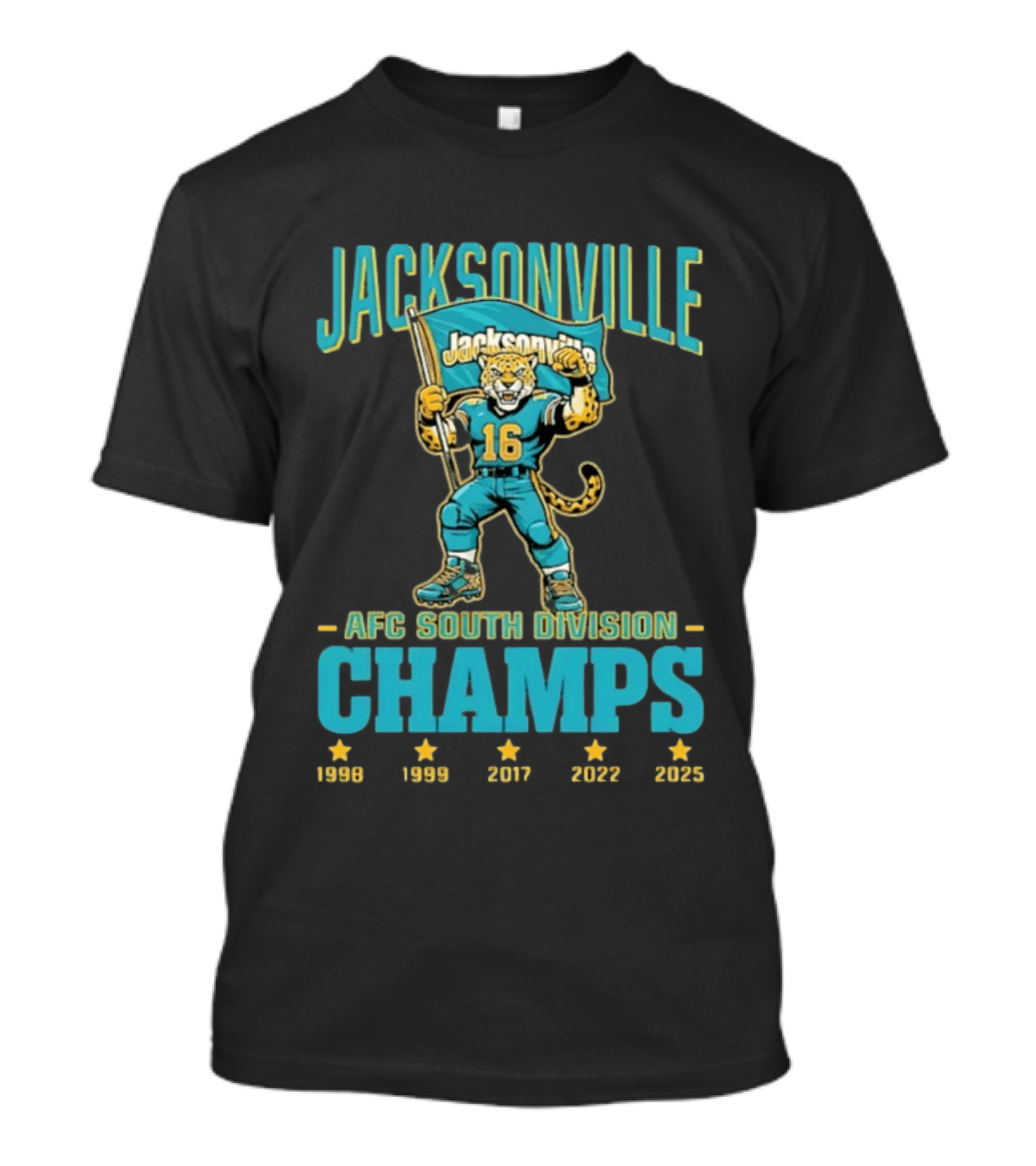 Jacksonville Jaguars Mascot 16 Holding Flag AFC South Division Champs 1998 1999 2017 2022 2023 T-Shirt