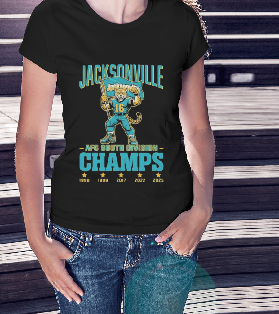 Jacksonville Jaguars Mascot 16 Holding Flag AFC South Division Champs 1998 1999 2017 2022 2023 T-Shirt