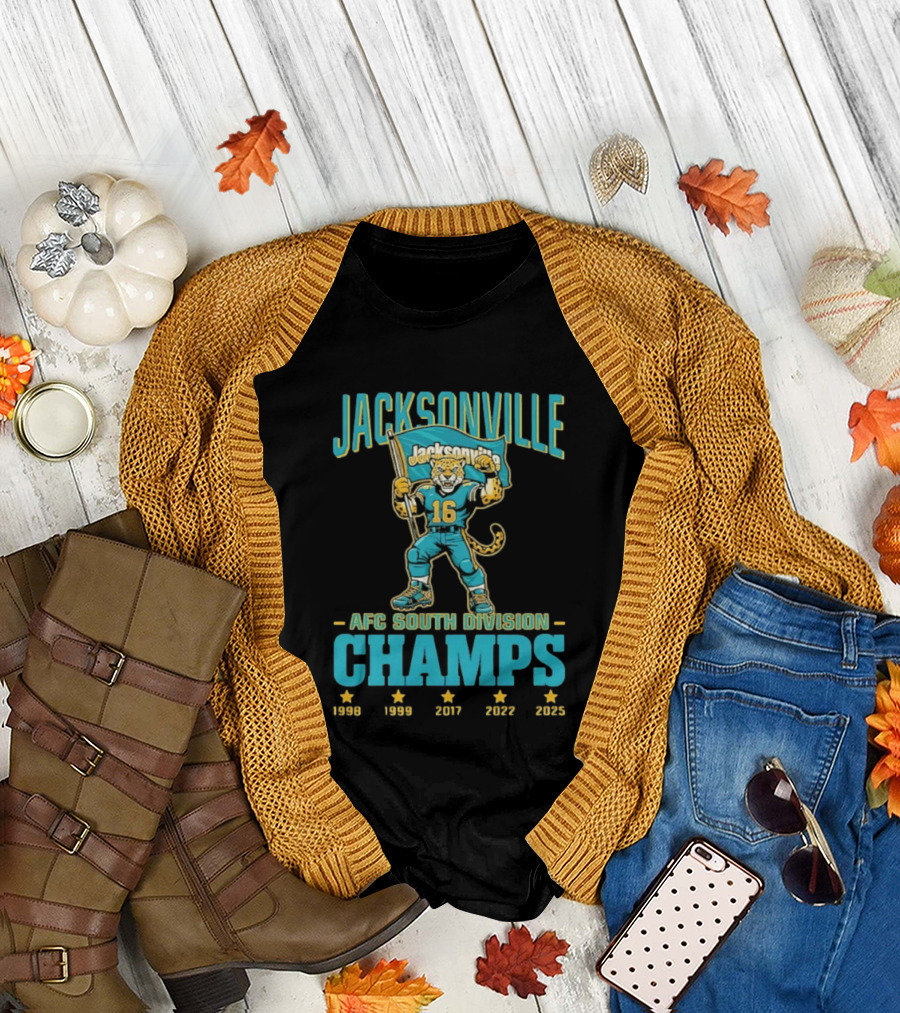 Jacksonville Jaguars Mascot 16 Holding Flag AFC South Division Champs 1998 1999 2017 2022 2023 T-Shirt