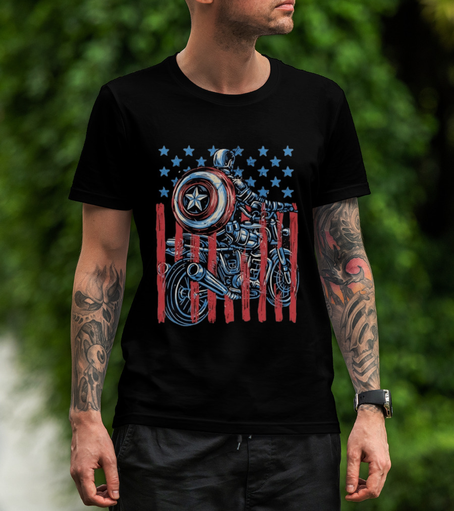 Captain America Motorcycle Ride With Shield And American Flag Stars And Stripes T-Shirt