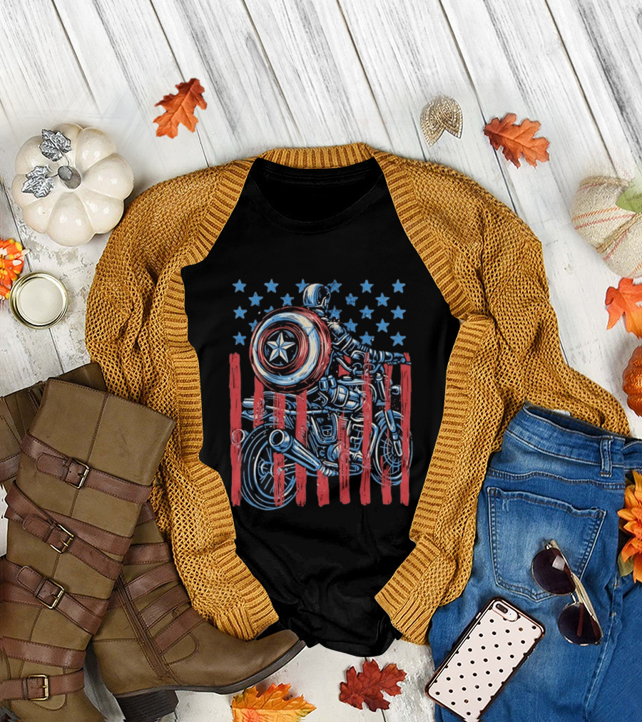 Captain America Motorcycle Ride with Shield and American Flag Stars and Stripes T-Shirt