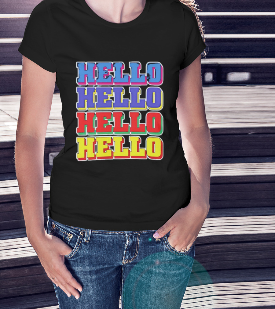 Hello Hello Hello Hello Blue Red Yellow Repeat Bold Pop T-Shirt