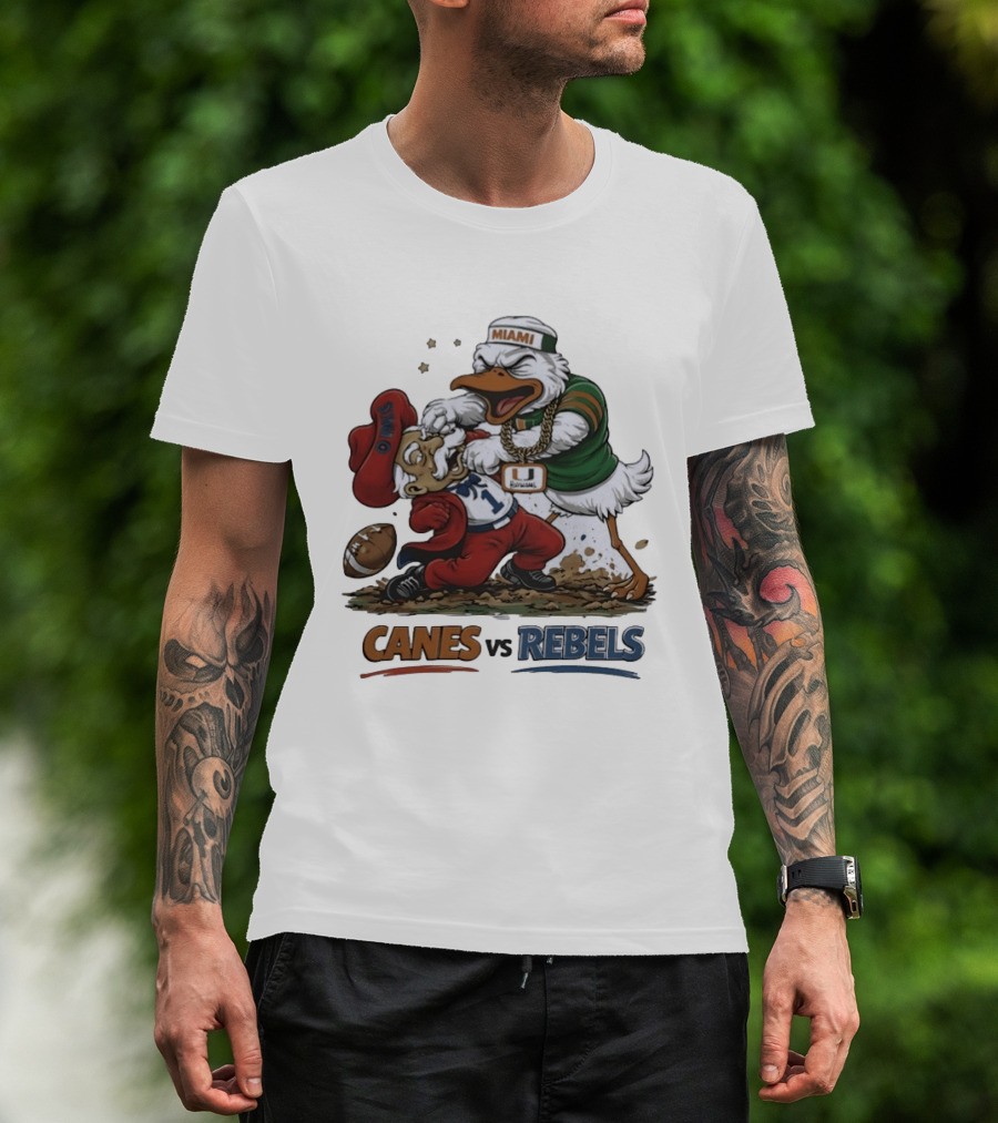Miami Hurricanes Vs Ole Miss Rebels Mascot Showdown CFP Semifinal Vrbo Fiesta Bowl 2026 T-Shirt