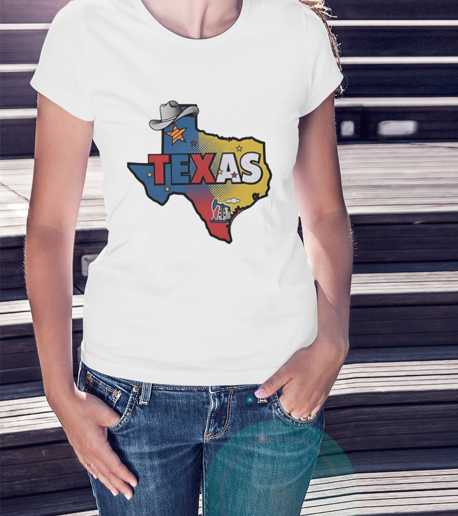 Texas Map Cowboy Hat Star Oil Rig T-Shirt