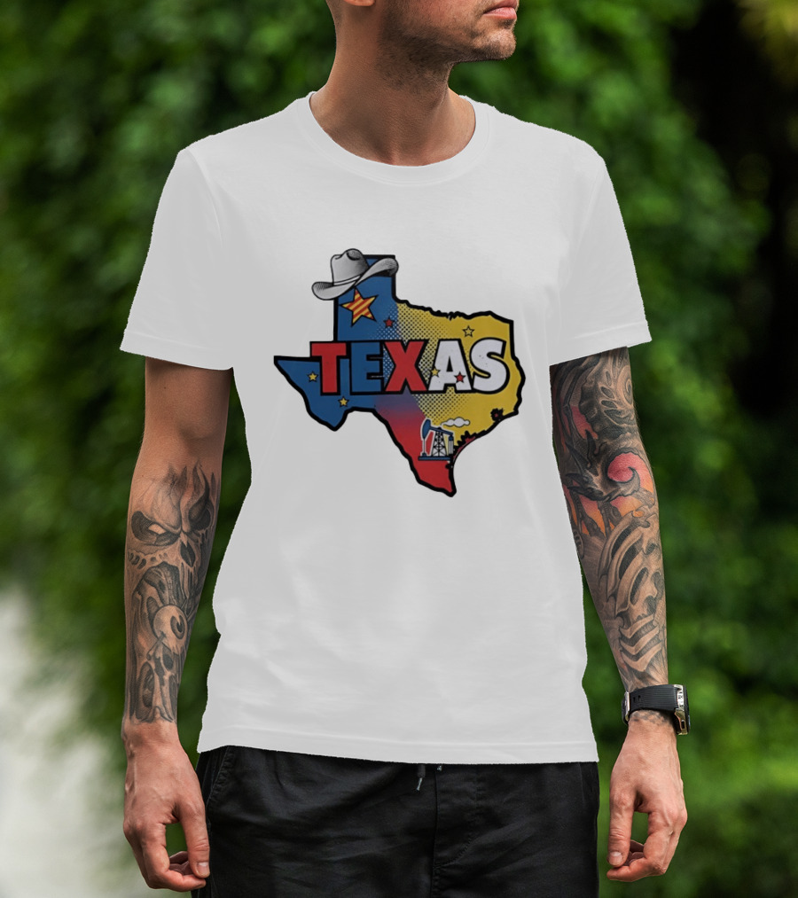 Texas Map Cowboy Hat Star Oil Rig T-Shirt