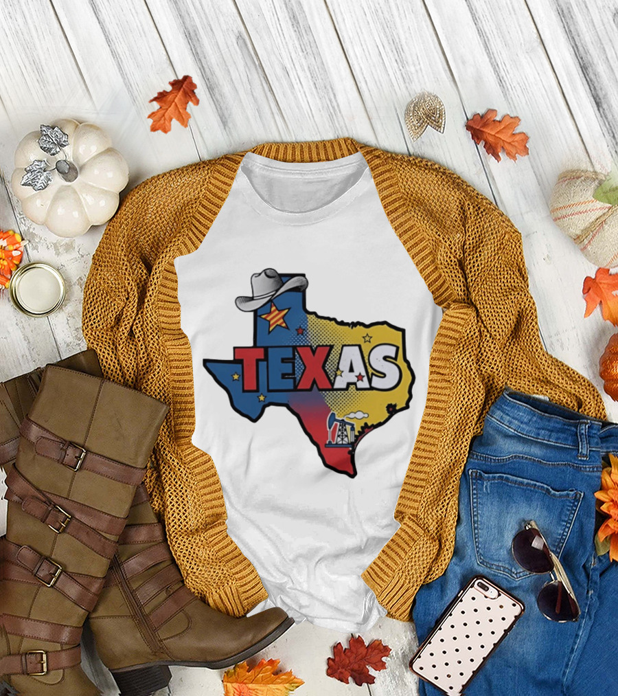 Texas Map Cowboy Hat Star Oil Rig T-Shirt