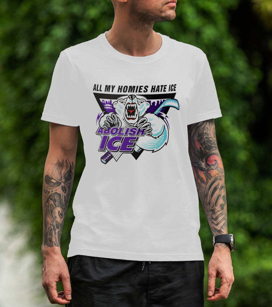 Abolish Ice All My Homies Hate Ice Polar Bear Hockey Rink Indianapolis Skyline T-Shirt