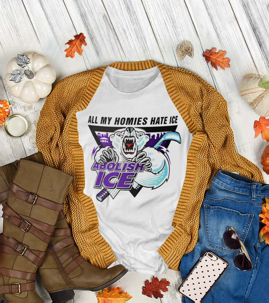 Abolish Ice All My Homies Hate Ice Polar Bear Hockey Rink Indianapolis Skyline T-Shirt
