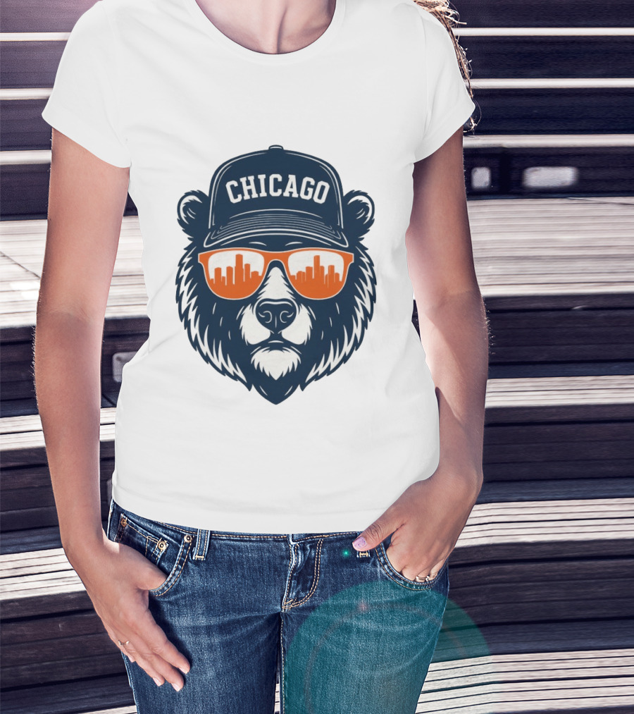 Chicago Bears Skyline 2026 Football City Bear With Hat And Sunglasses T-Shirt