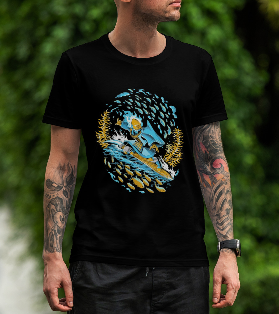 Sword Of The Sea Life Beneath The Waves Golden Samurai Surfer Wave Motion T-Shirt