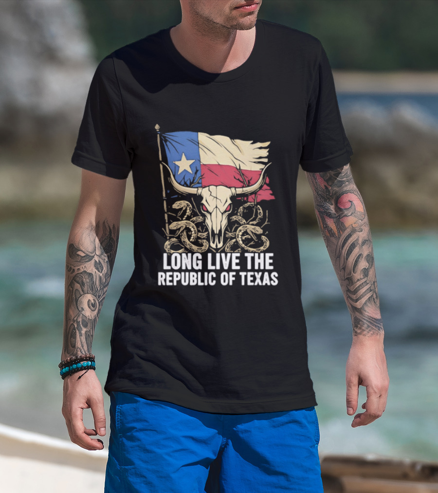 Texas Flag Skull With Snake Long Live The Republic Of Texas T-Shirt
