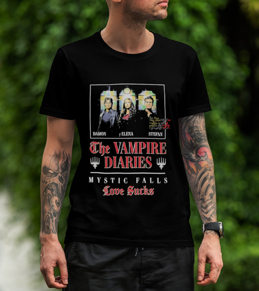 Damon Elena Stefan The Vampire Diaries Mystic Falls Love Sucks T-Shirt
