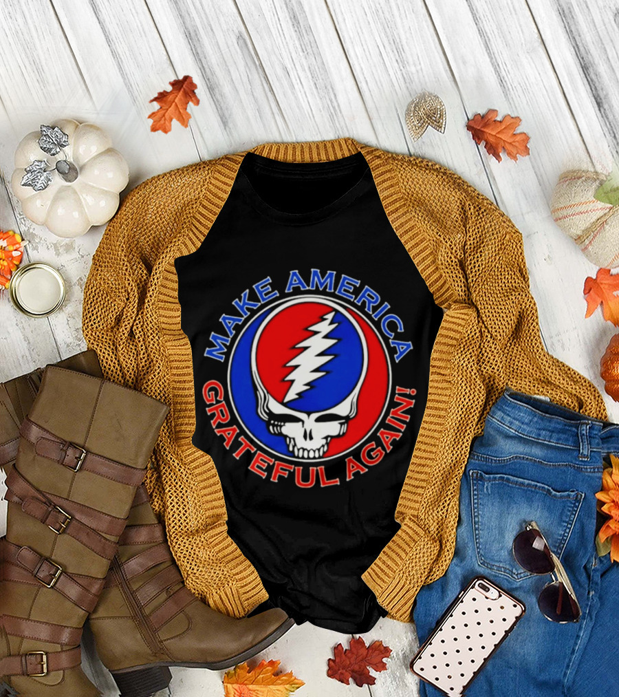 Make America Grateful Again Skull with Red Blue Lightning Bolt T-Shirt