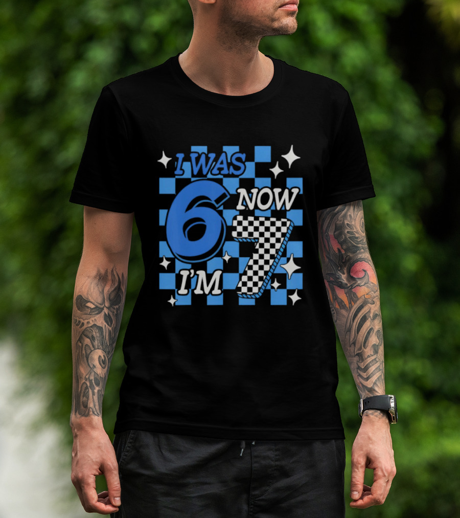 Blue Checkered I Was 6 Now I'm 7 Birthday Boy T-Shirt