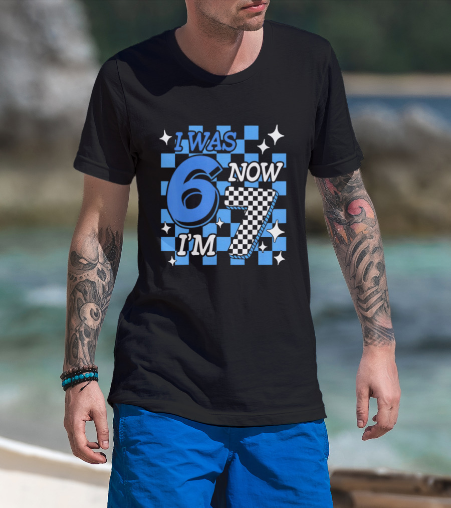 Blue Checkered I Was 6 Now I'm 7 Birthday Boy T-Shirt