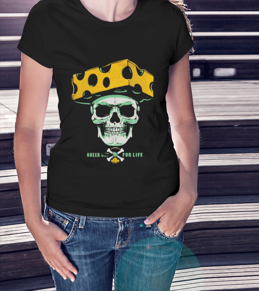 Green Bay Packers For Life Skull Cheesehead T-Shirt