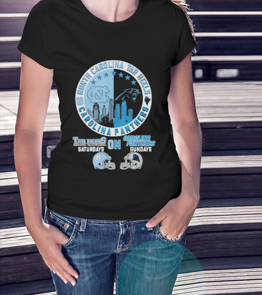 North Carolina Tar Heels Saturdays Carolina Panthers Sundays Helmet Mashup T-Shirt