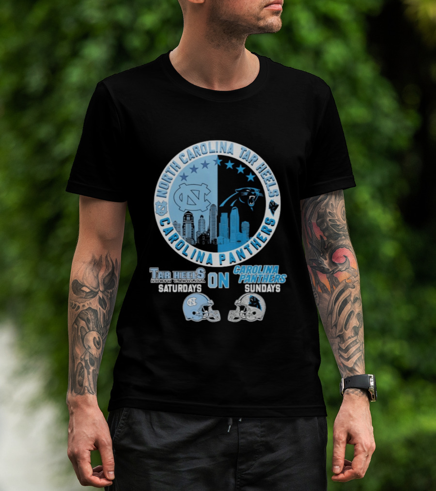 North Carolina Tar Heels Saturdays Carolina Panthers Sundays Helmet Mashup T-Shirt