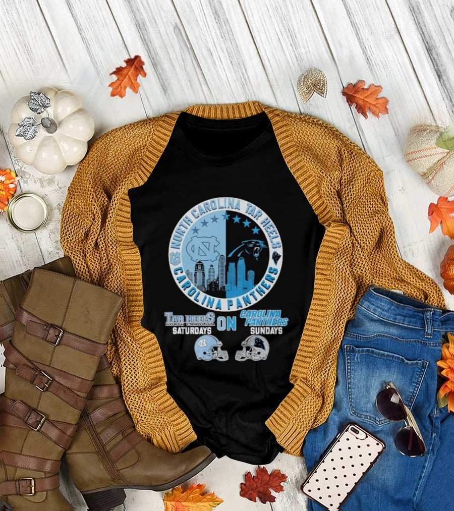 North Carolina Tar Heels Saturdays Carolina Panthers Sundays Helmet Mashup T-Shirt