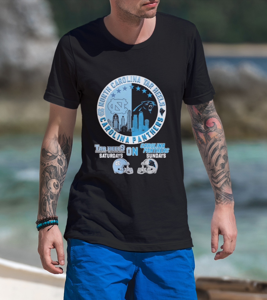 North Carolina Tar Heels Saturdays Carolina Panthers Sundays Helmet Mashup T-Shirt
