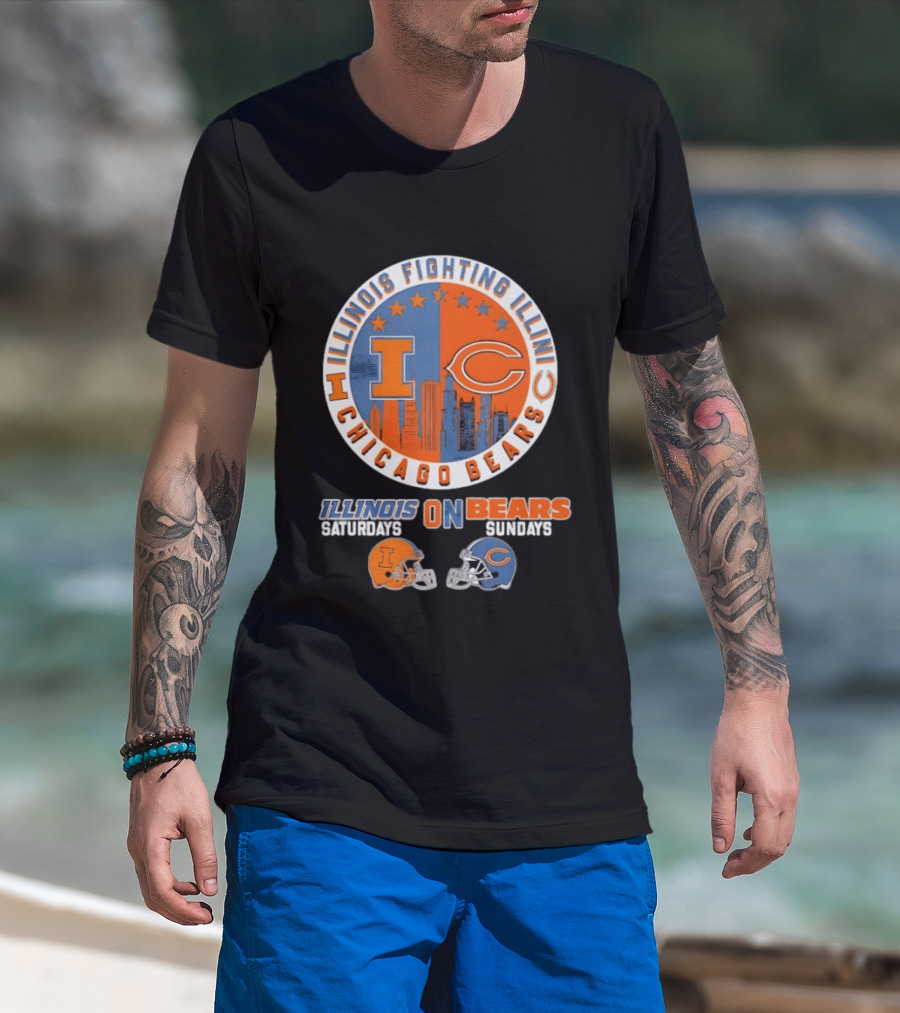 Illinois Fighting Illini And Chicago Bears Saturdays And Sundays Helmet Mashup T-Shirt