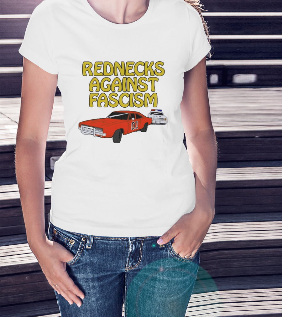 Rednecks Against Fascism Car Cartoon With 01 And Police Chase Scene T-Shirt