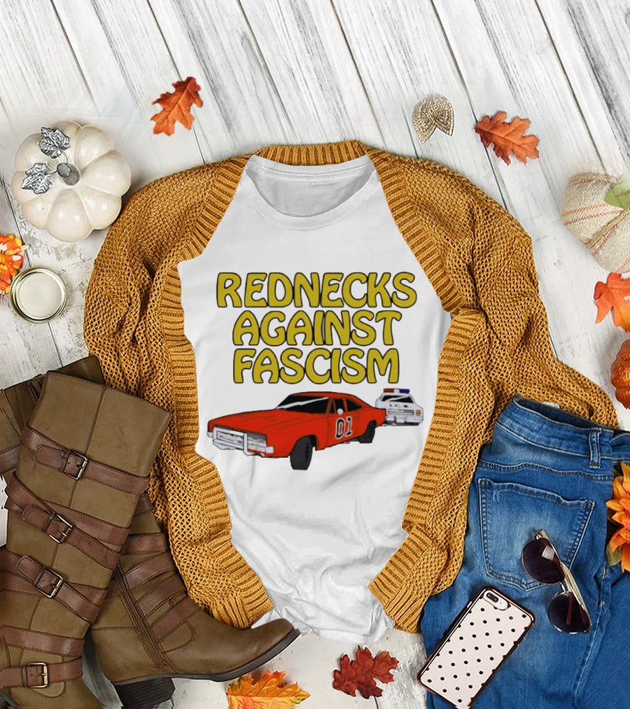 Rednecks Against Fascism Car Cartoon with 01 and Police Chase Scene T-Shirt