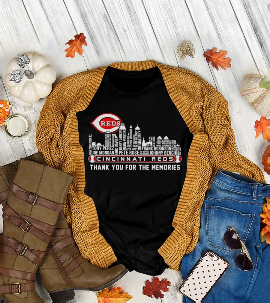 Cincinnati Reds Skyline City Tony Perez Frank Robinson Johnny Bench Thank You for the Memories T-Shirt