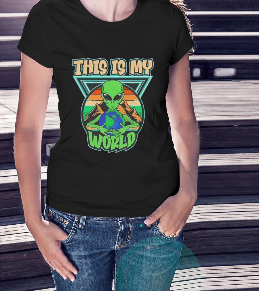 This Is My World Alien Holding Earth Retro Desert Scene T-Shirt