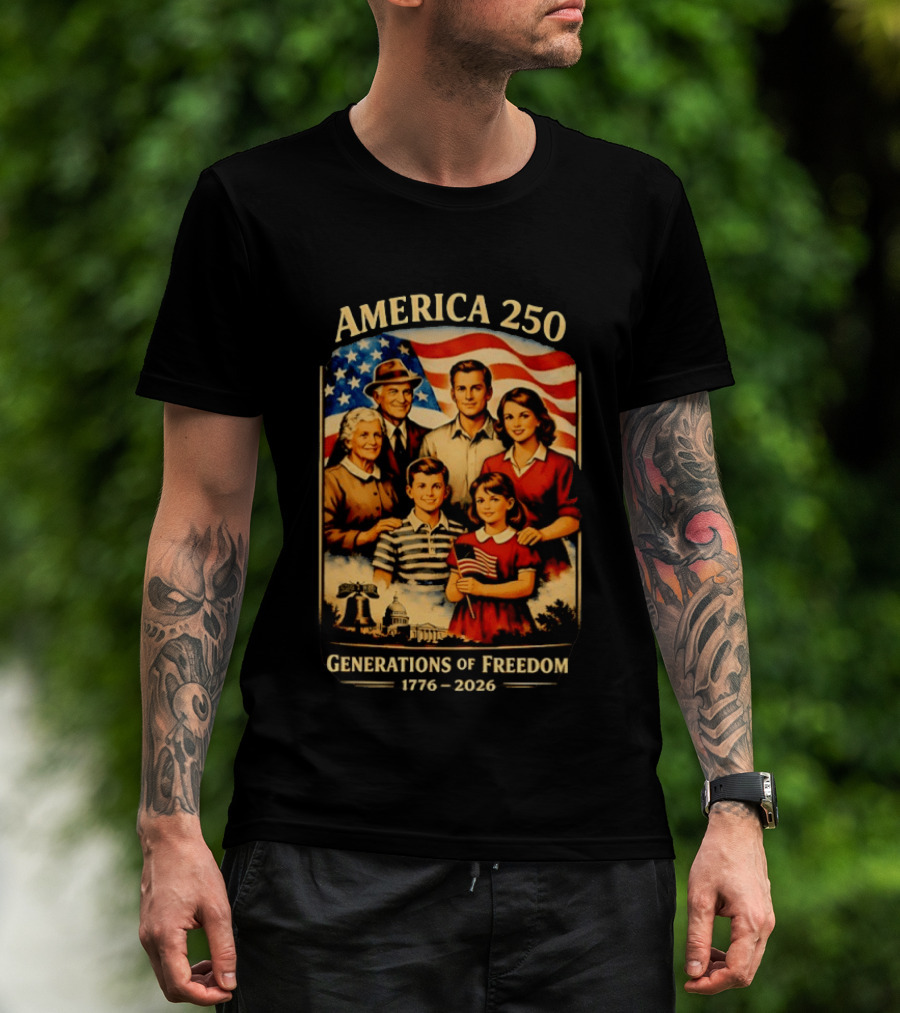 America 250 Generations Of Freedom 1776 2026 Vintage Family With Flag T-Shirt