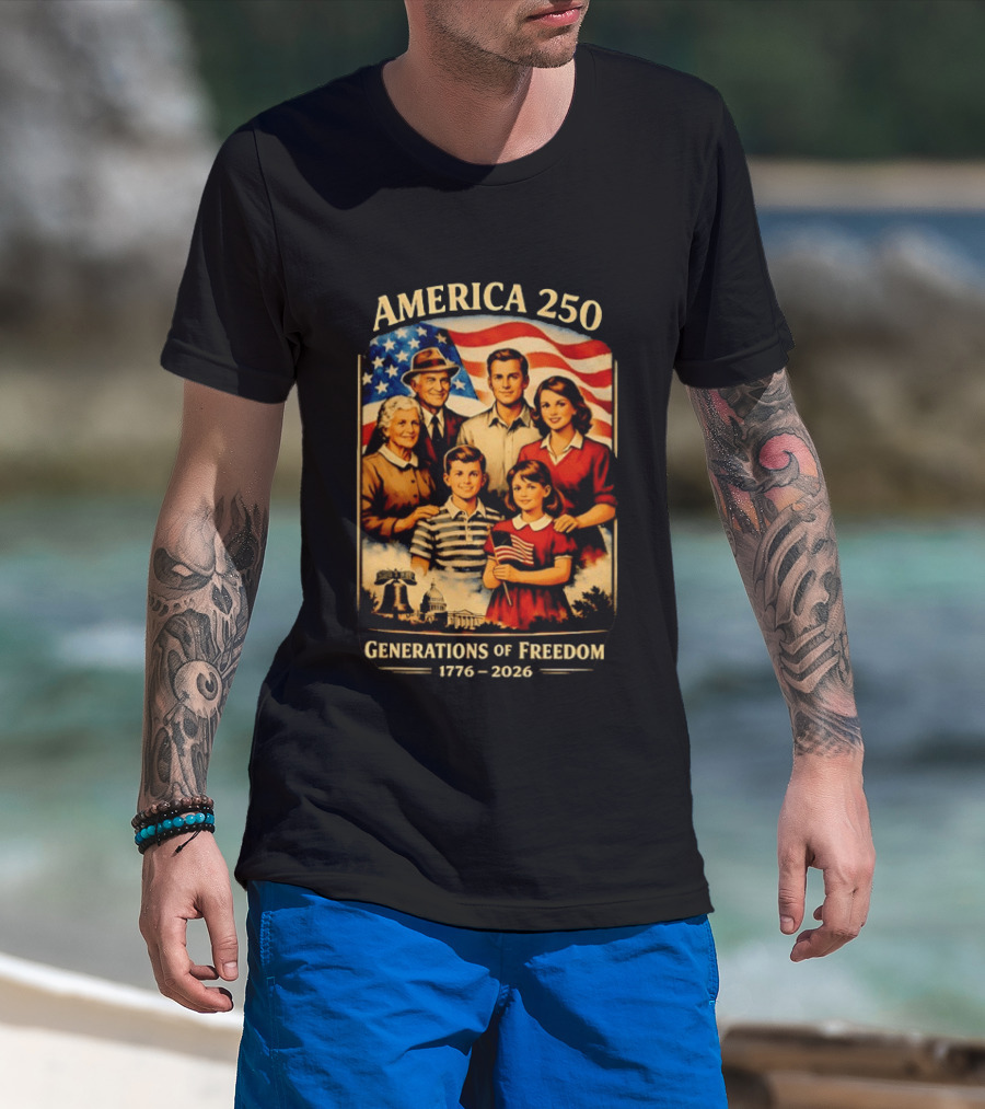 America 250 Generations Of Freedom 1776 2026 Vintage Family With Flag T-Shirt