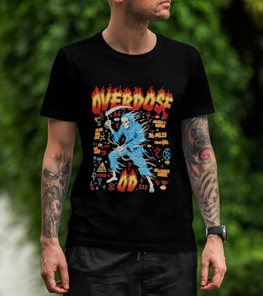 Overdose Grim Reaper Angels Repent 36 Miles From Hell 65 Neon New World Order OD 333 T-Shirt