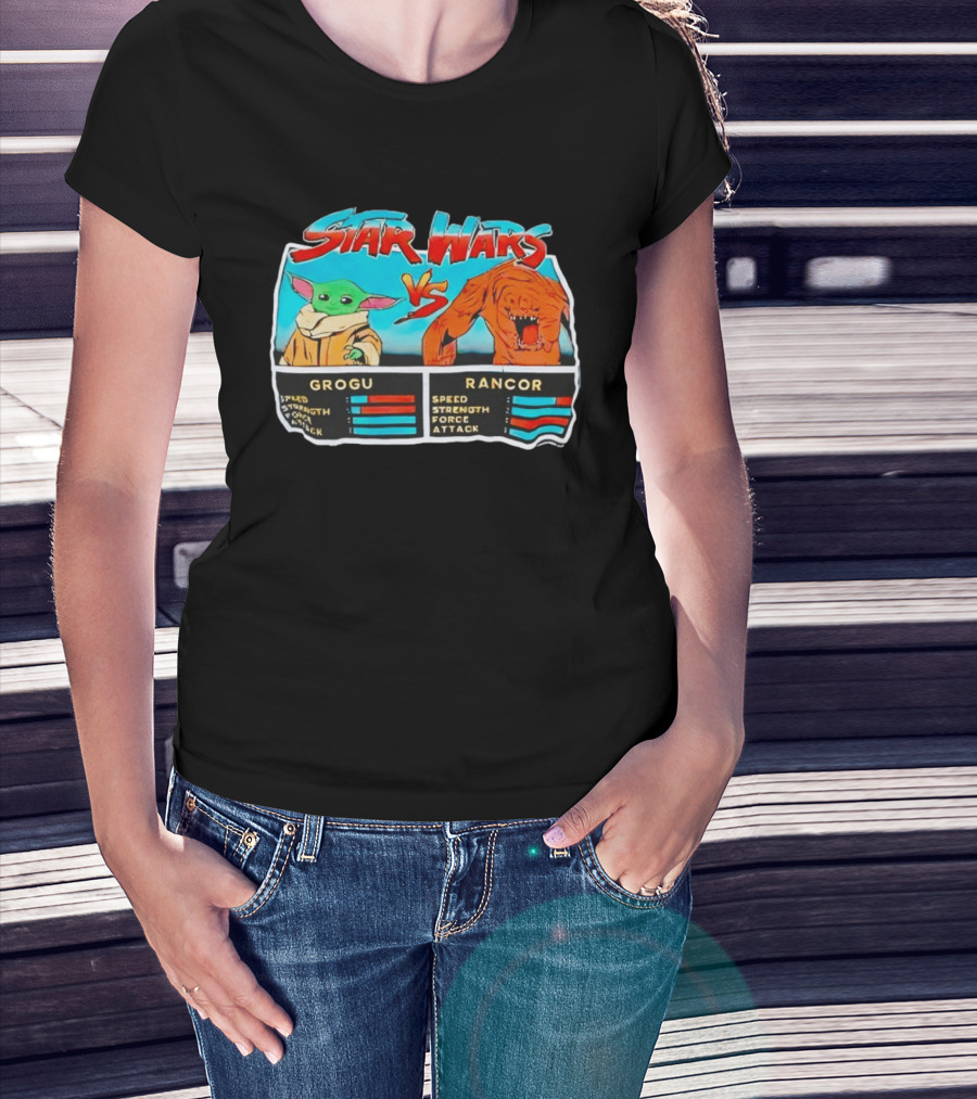 Star Wars Grogu Vs Rancor Speed Strength Force Attack T-Shirt