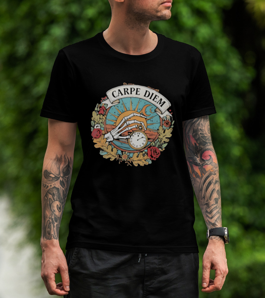 Carpe Diem Memento Mori Skeleton Art Roses Sun Moon T-Shirt