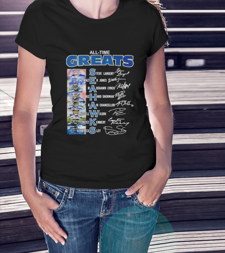 All Time Greats Seattle Seahawks Steve Largent Walter Jones Russell Wilson Legion Of Boom T-Shirt