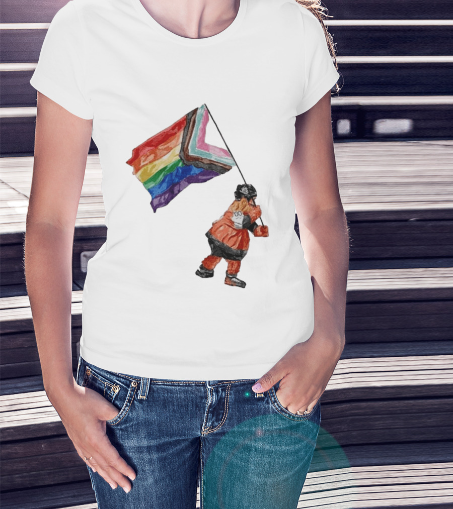 Philadelphia Hockey Mascot Holding Progress Pride Flag T-Shirt