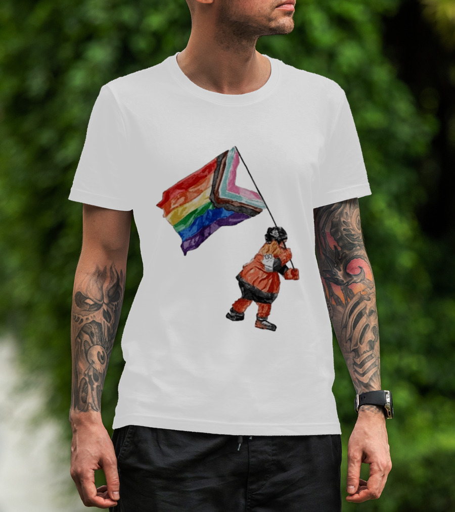Philadelphia Hockey Mascot Holding Progress Pride Flag T-Shirt