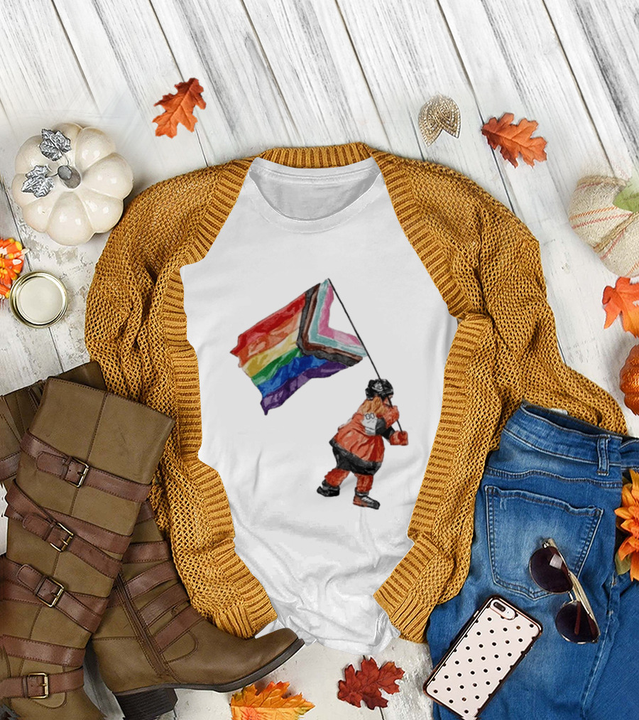 Philadelphia Hockey Mascot Holding Progress Pride Flag T-Shirt