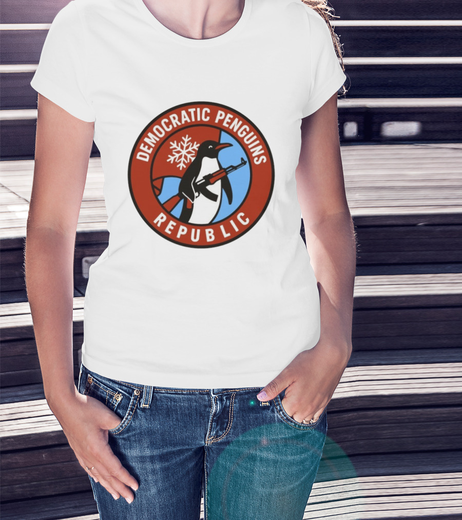 Democratic Penguins Republic Emblem With AK 47 And Snowflake T-Shirt