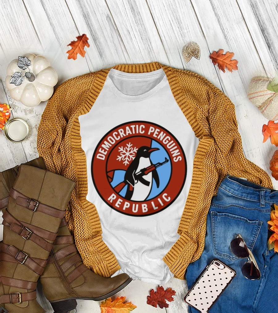 Democratic Penguins Republic Emblem with AK 47 and Snowflake T-Shirt