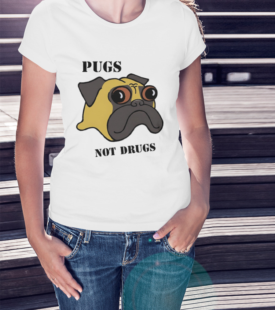 Pugs Not Drugs Cartoon Dog Face Funny Anti Drug Message T-Shirt