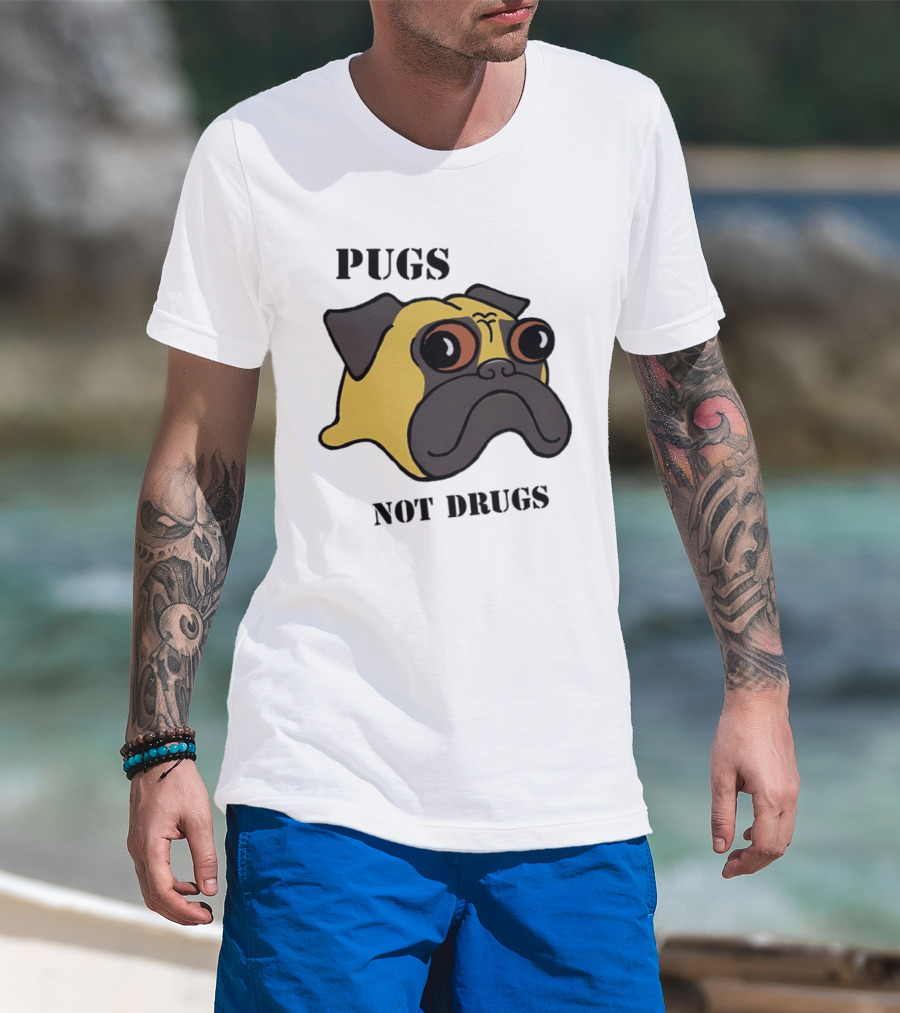 Pugs Not Drugs Cartoon Dog Face Funny Anti Drug Message T-Shirt