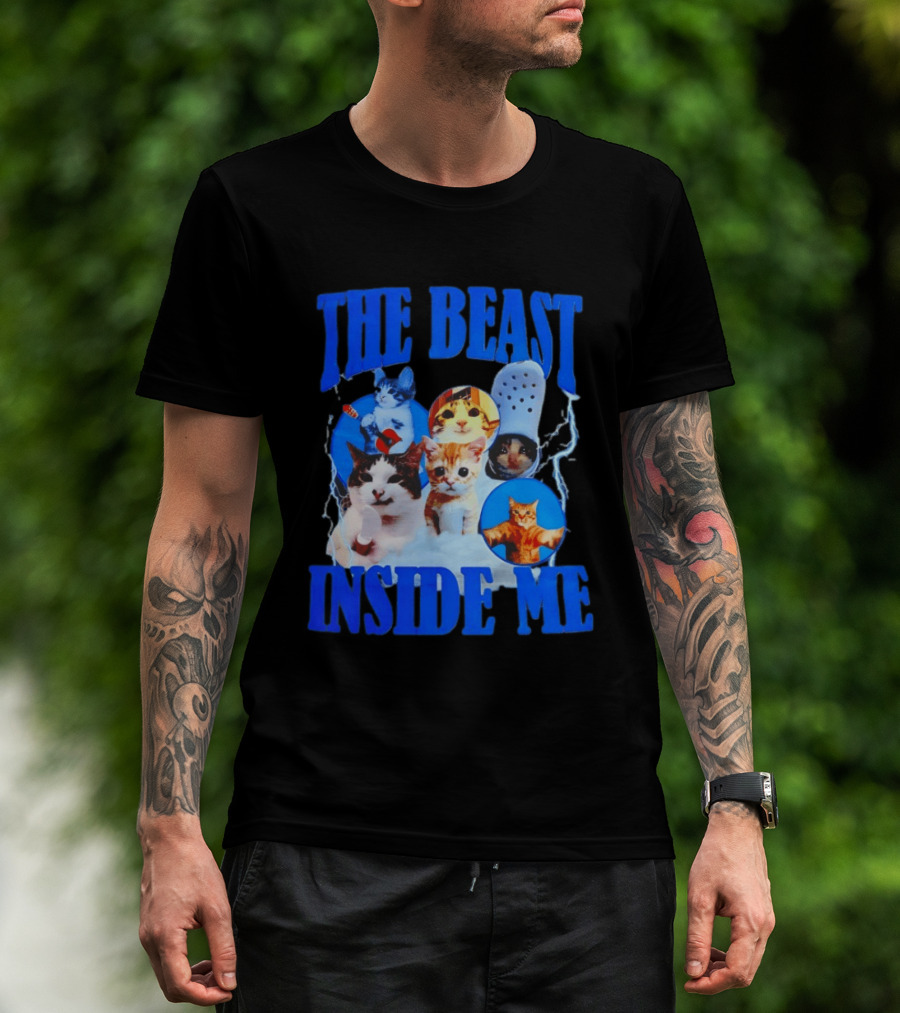 The Beast Inside Me Cat Collage With Blue Electric Accents T-Shirt