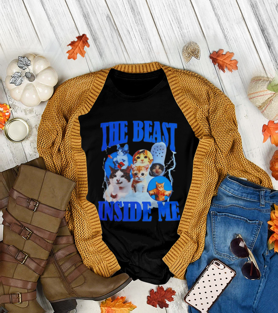 The Beast Inside Me Cat Collage with Blue Electric Accents T-Shirt