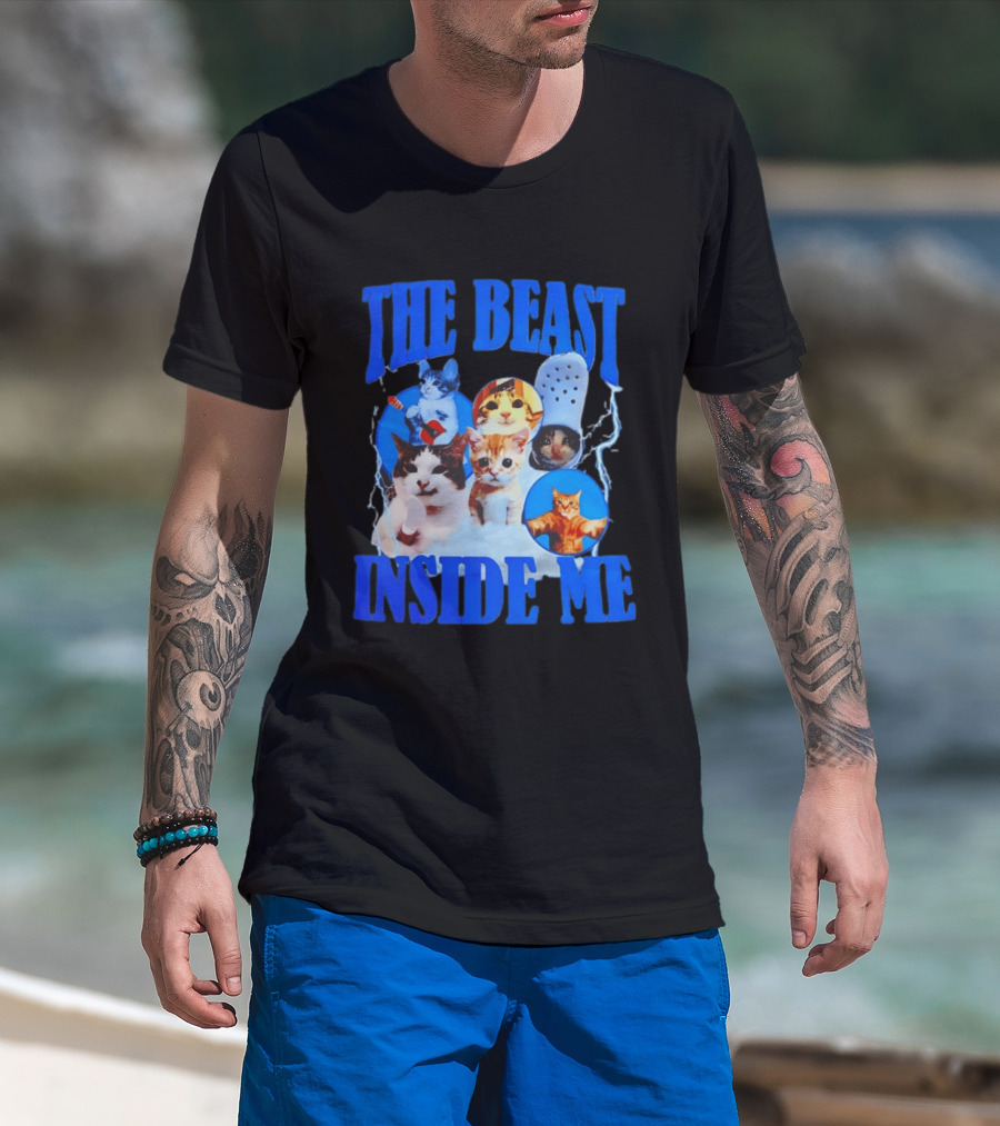 The Beast Inside Me Cat Collage With Blue Electric Accents T-Shirt