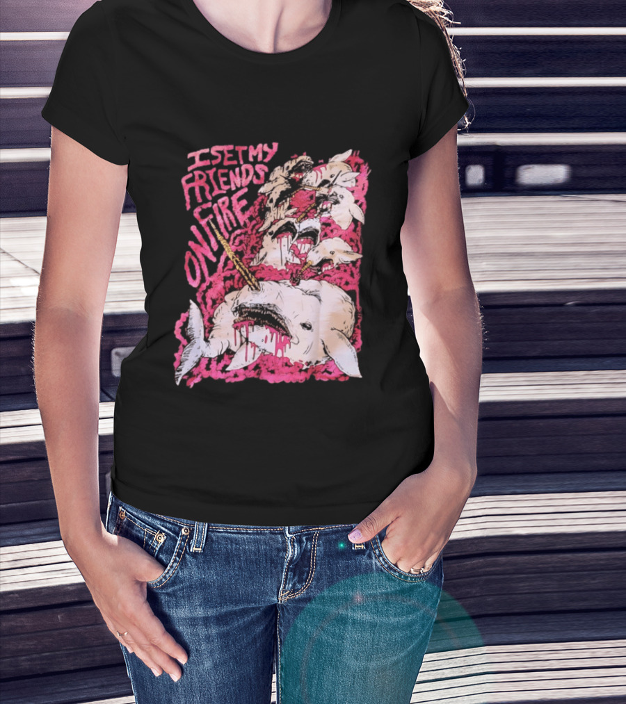 I Set My Friends On Fire Narwhal Pink And White T-Shirt