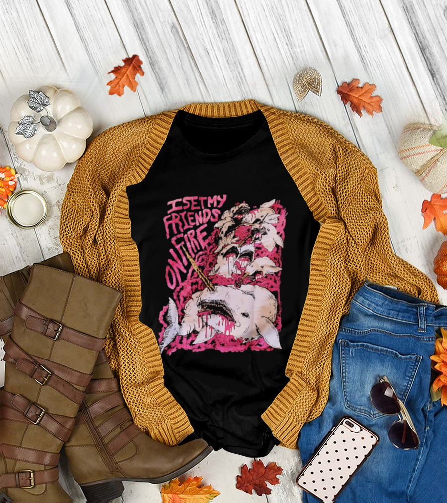 I Set My Friends On Fire Narwhal Pink and White T-Shirt