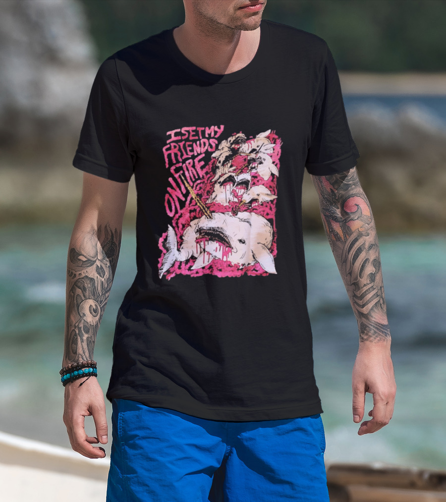 I Set My Friends On Fire Narwhal Pink And White T-Shirt